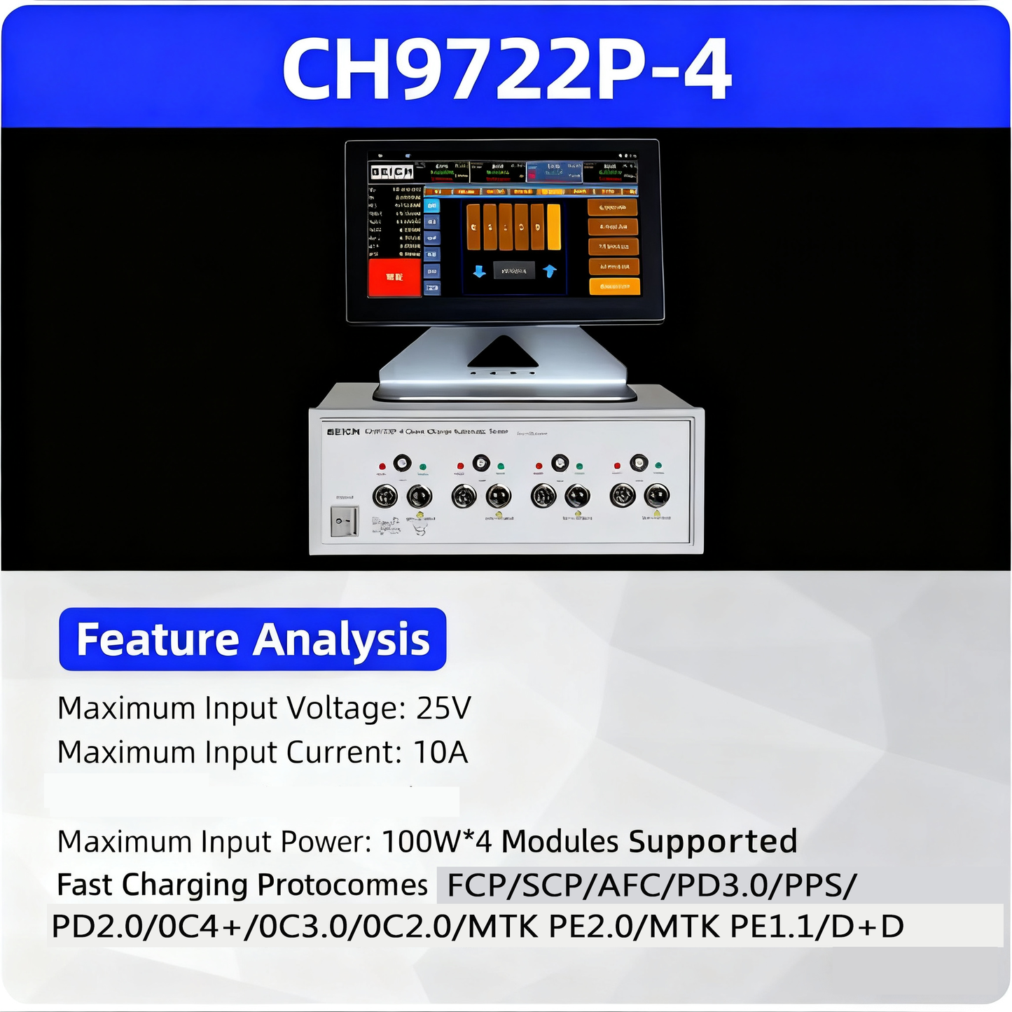 4 - channel Fast Charging Automatic Tester 100W 25V 10A with High performance ARM processor Battery discharge test, dynamic test, list test