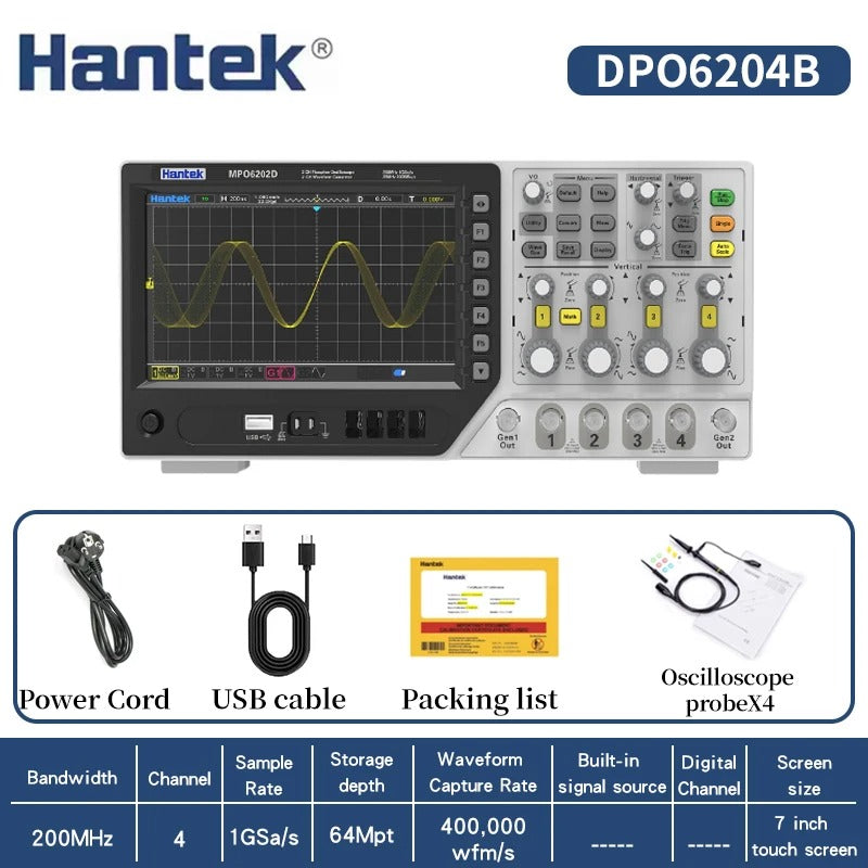 Hantek DPO6104B DPO6204B 4CH-Fluorescent Screen Oscilloscope 100MHz 200MHz for Pro-Grade Multi-Signal Testing