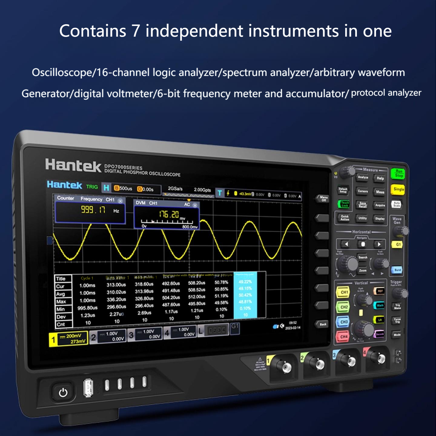 Hantek Multifunctional Digital Oscilloscope DPO7104C DPO7354C DPO7504C 4-Channel 100MHz 350MHz 500MHz Bandwidthwith 10.1-inch Touch Screen