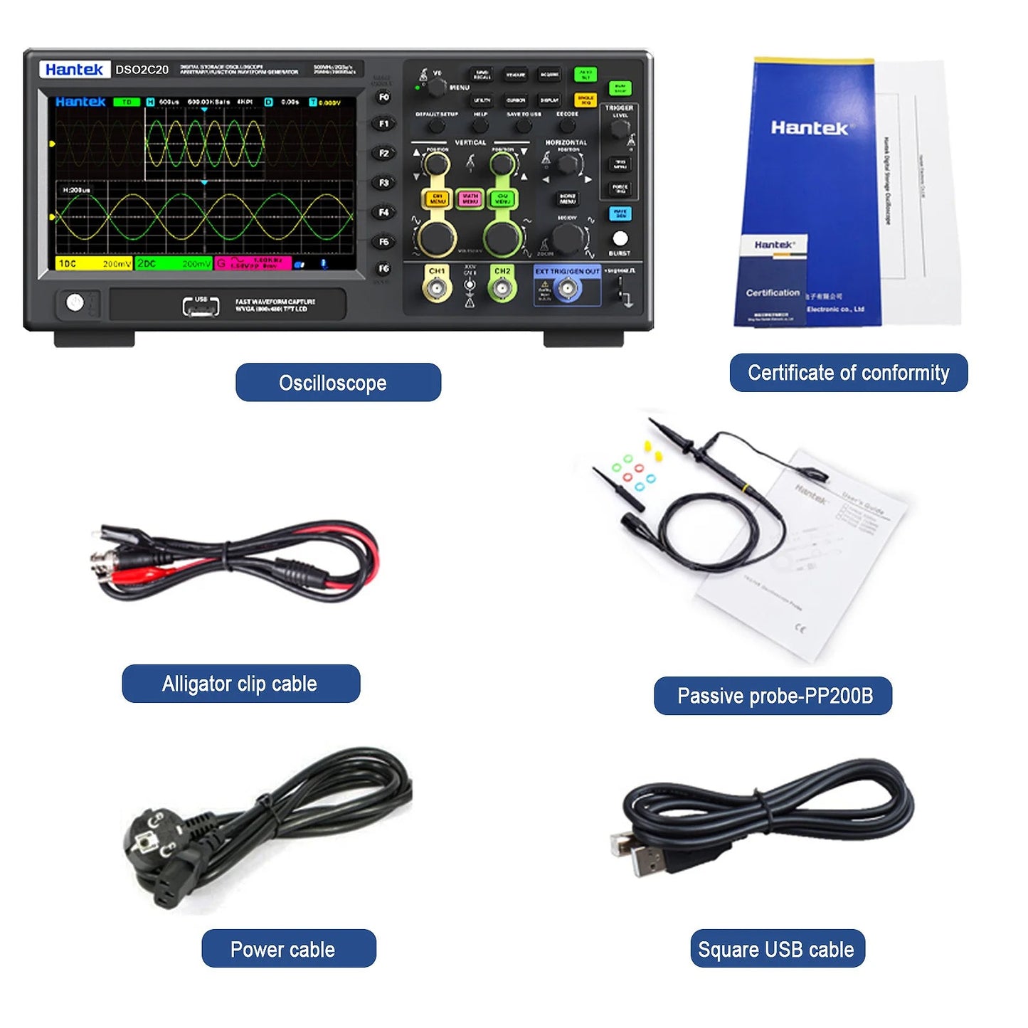 Hantek DSO2C20 Lab Digital Oscillator 200MHZ 2CH 80K USB Portable 2 analog input channels & 1 signal generator output channel