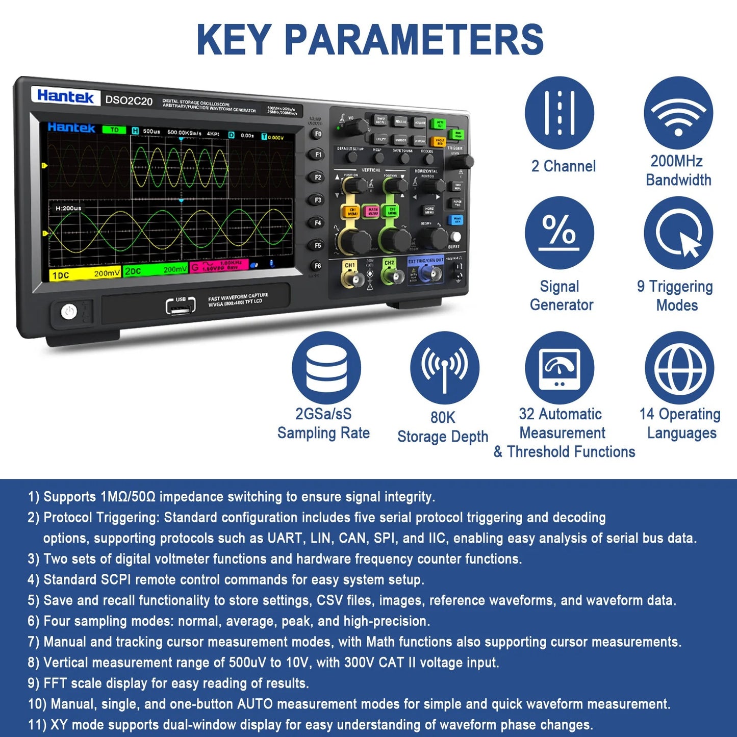 Hantek DSO2C20 Lab Digital Oscillator 200MHZ 2CH 80K USB Portable 2 analog input channels & 1 signal generator output channel