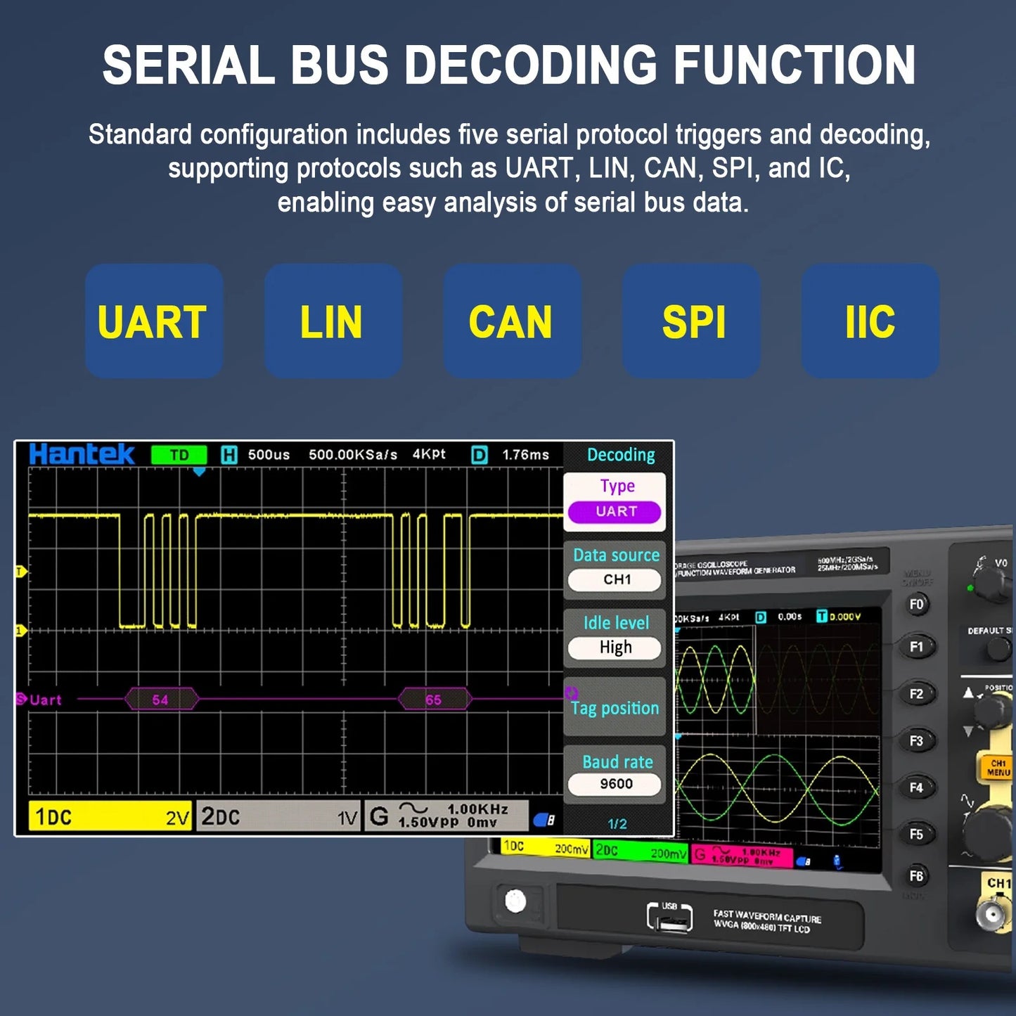 Hantek DSO2C20 Lab Digital Oscillator 200MHZ 2CH 80K USB Portable 2 analog input channels & 1 signal generator output channel