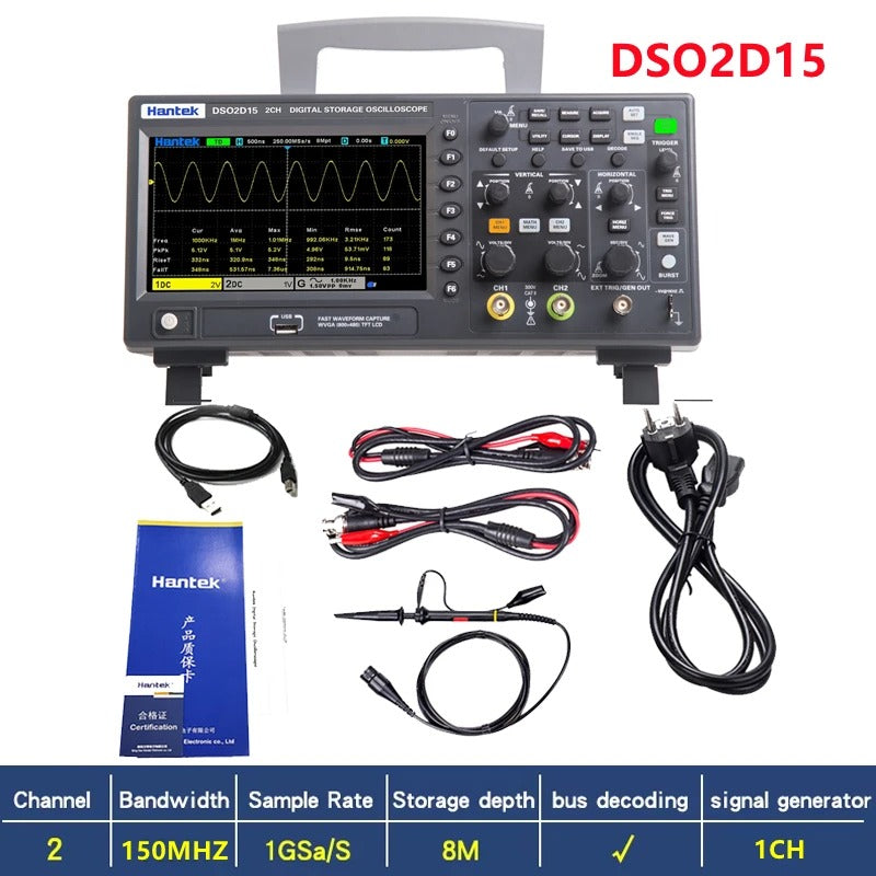 Hantek DSO2D15 Digital Oscilloscope 150MHz 1GSa/s 2CH+1CH Channels Desktop Oscillograph 7 Inch 24bit TFT LCD Screen Oscilloscope