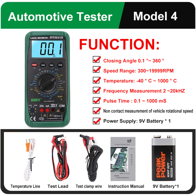 Digital Automotive Multimeter Closing angle 120 ° 360 ° 500~10000RPM 300 ~ 19999 RPM Battery Testing Professional Digital Multimeter