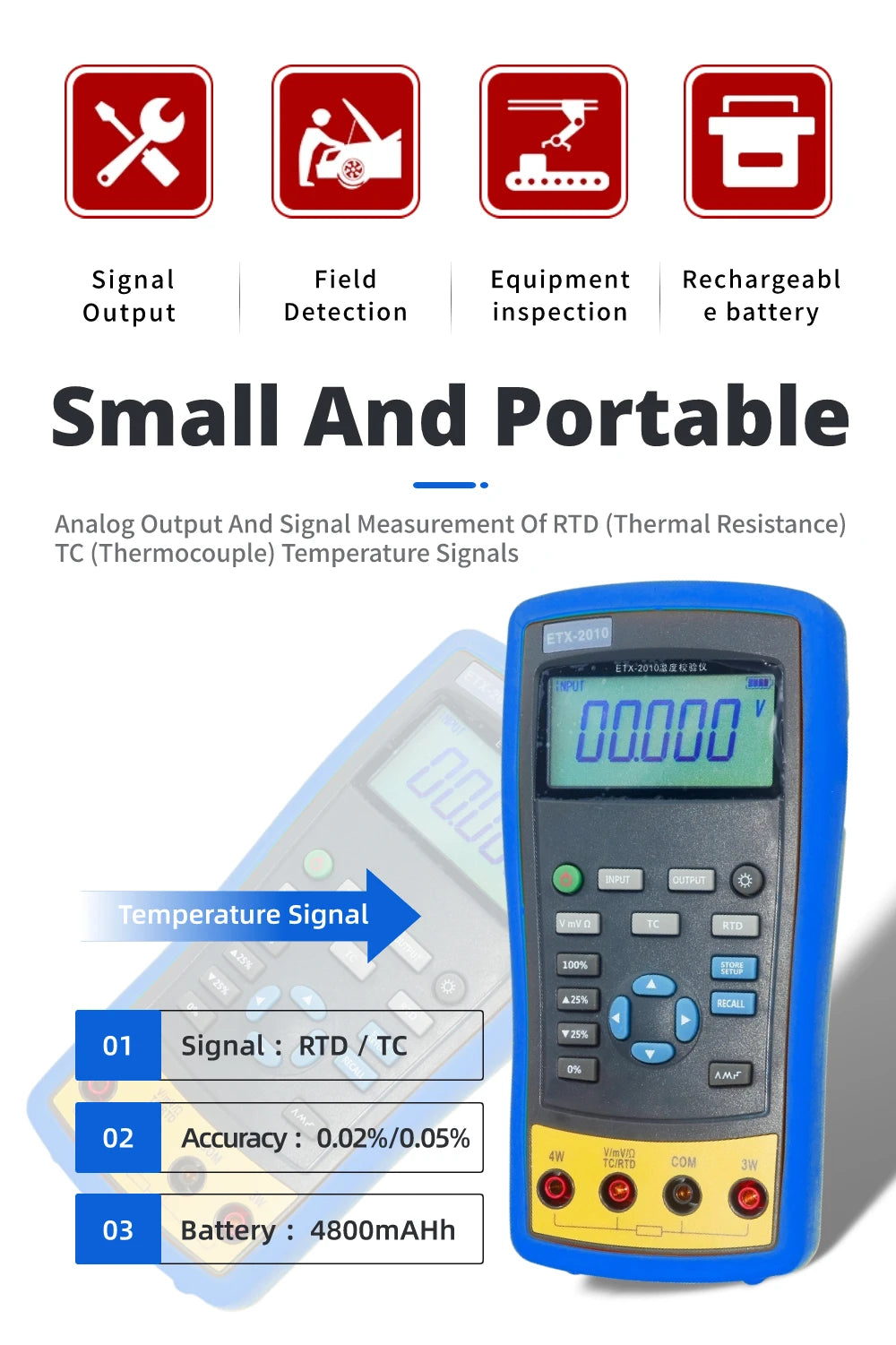 ETX-1810 Handheld Temperature Calibrator large screen display backlight Multifunctional process calibrator Signal Generator Thermal Resistance(RTD)