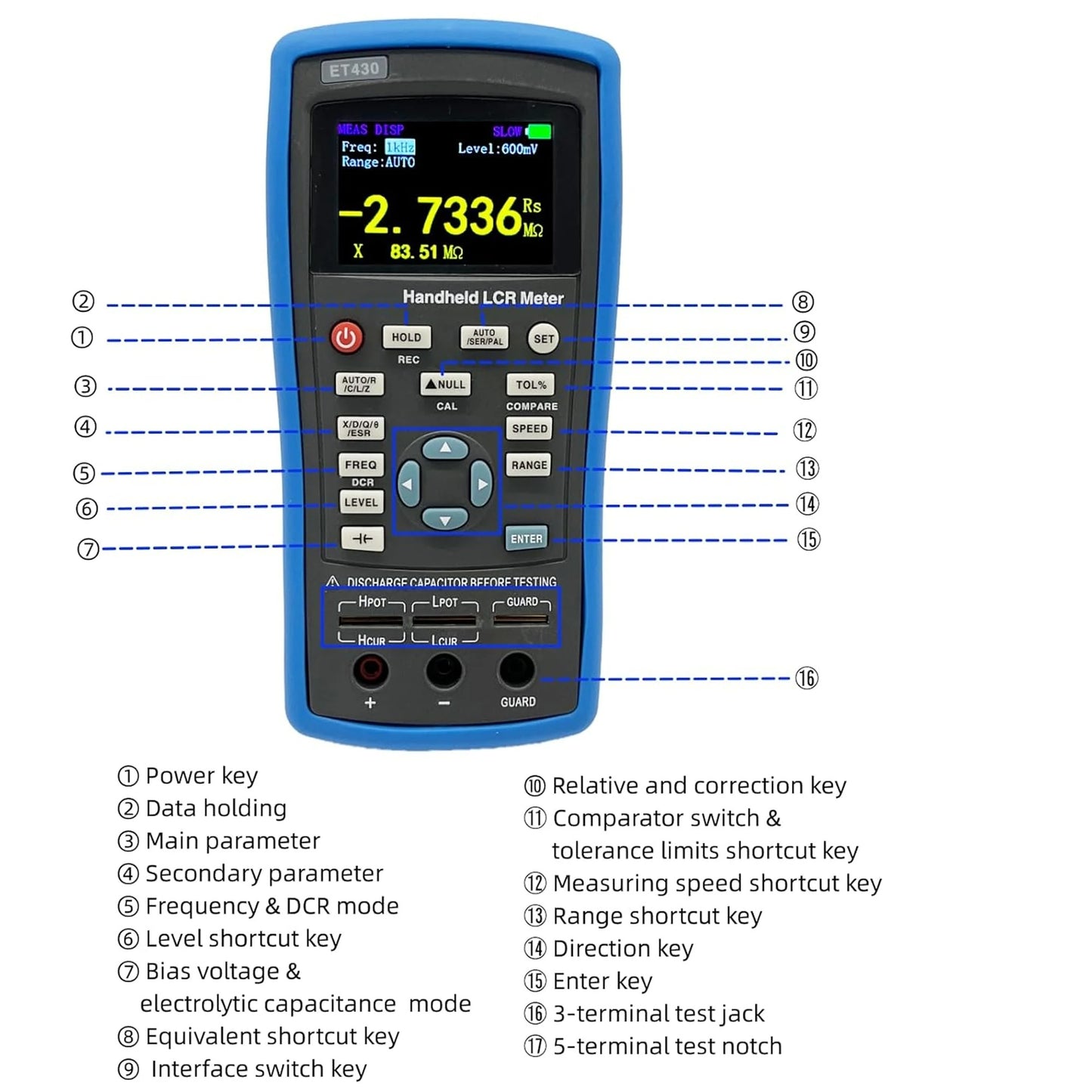 ET430 Handheld New Compact LCR Meter LCR measurements Digital Bridge Capacitance Inductance Resistance Tester for Production Lines