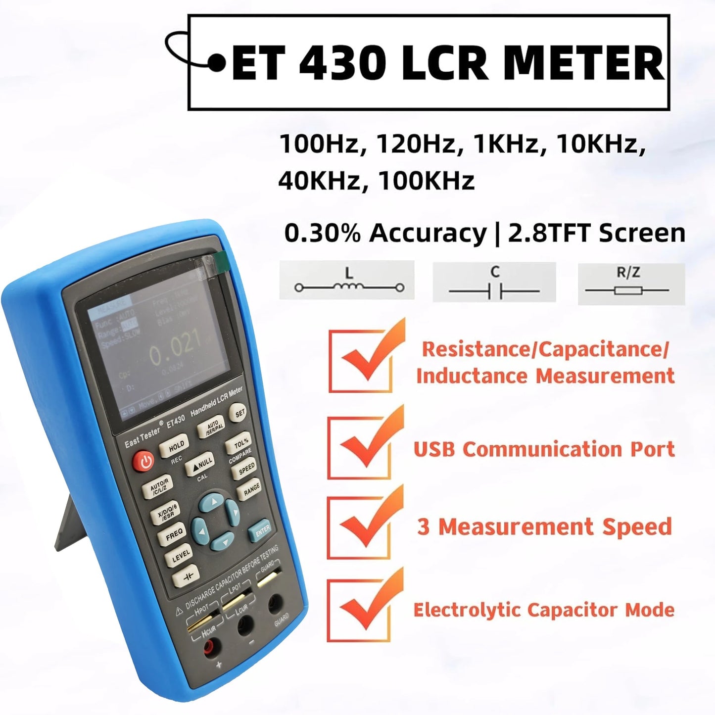 ET430 Handheld New Compact LCR Meter LCR measurements Digital Bridge Capacitance Inductance Resistance Tester for Production Lines