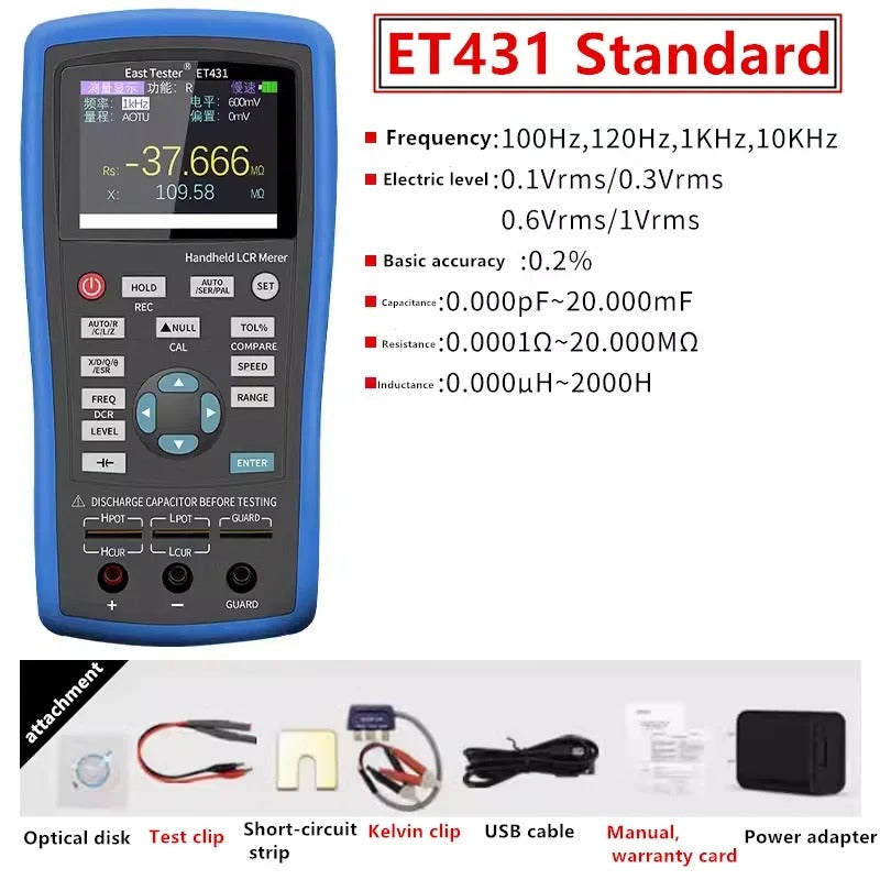 Handheld Digital LCR Meter TFT LCD Screen ET431 (100Hz 120Hz 1kHz 10kHz 0.2%) High Precision Capacitance Inductance Resistance Meter
