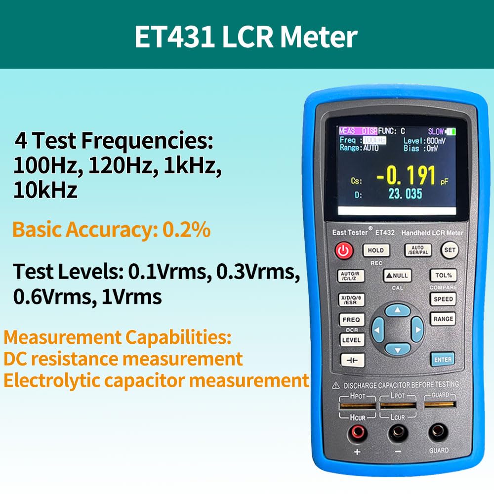 Handheld Digital LCR Meter TFT LCD Screen ET431 (100Hz 120Hz 1kHz 10kHz 0.2%) High Precision Capacitance Inductance Resistance Meter