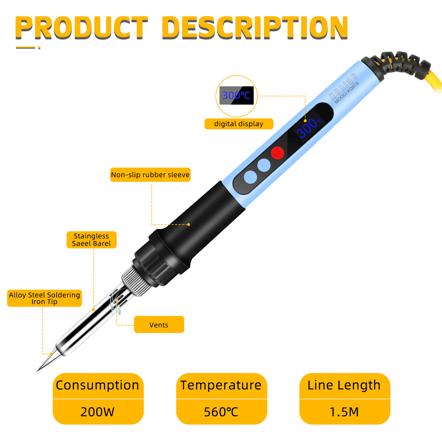 Temperature controlled soldering iron KQ919 200W 560℃ portable small soldering iron for home electronic repair soldering high-power soldering iron