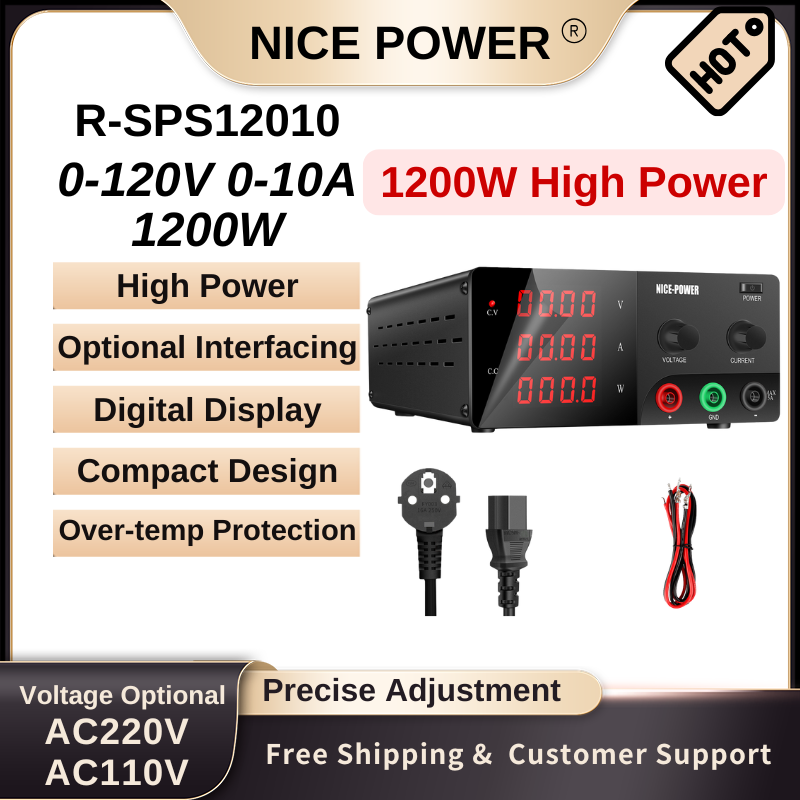 Nice Power R-SPS12010 - 120V 10A 1200W DC High Power Supply with Digital Display & Protection Functions black