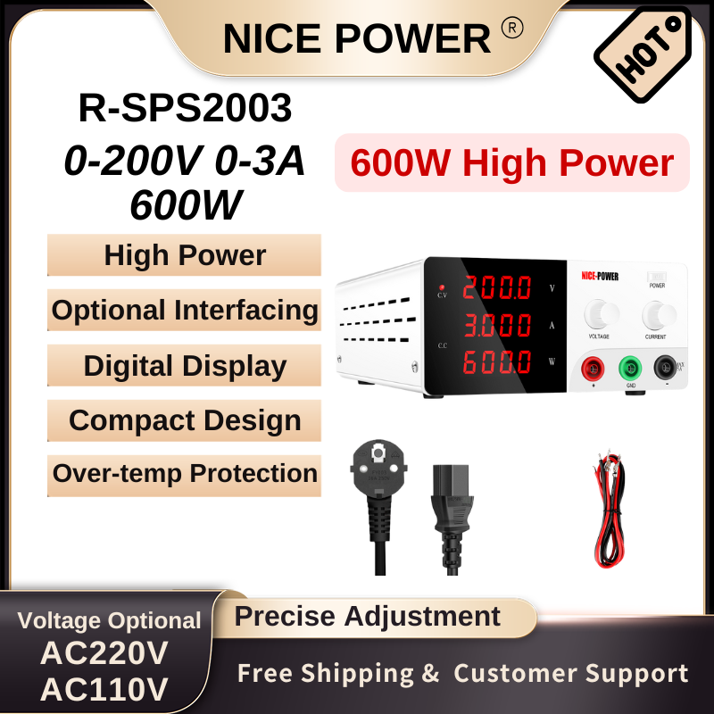 Nice Power R-SPS2003 - 200V 3A 600W DC High Power Supply with Digital Display & Protection Functions white