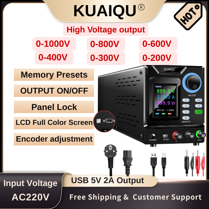 KUAIQU SPPS-D10001-232 - Alimentation CC haute tension 1 000 V 1 A avec écran couleur et fonction mémoire pour tests en laboratoire et de vieillissement