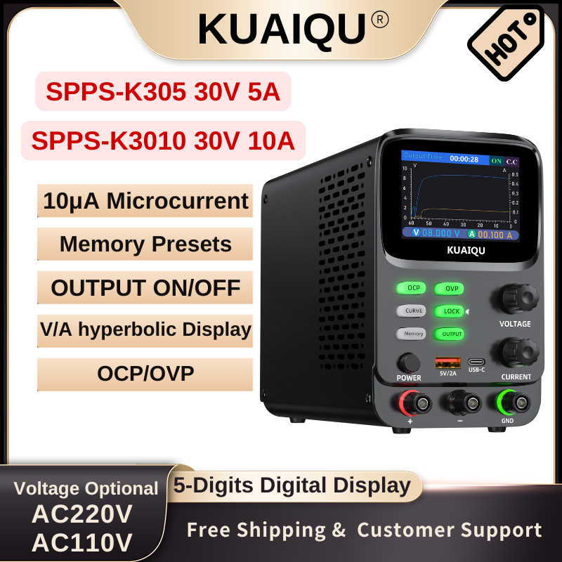 Fuente de alimentación de CC KUAIQU con microcorriente, memoria de 4 grupos, interruptor de salida OCP OVP, forma de onda hiperbólica de corto alcance