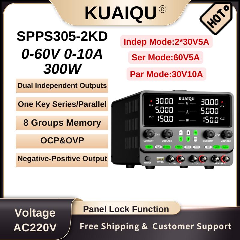 KUAIQU SPPS305-2KD - 30V 5A Dual-Channel Independent Output Power Supply with 4-in-1 Mode, OCP/OVP, Memory Storage & One-Key Series/Parallel