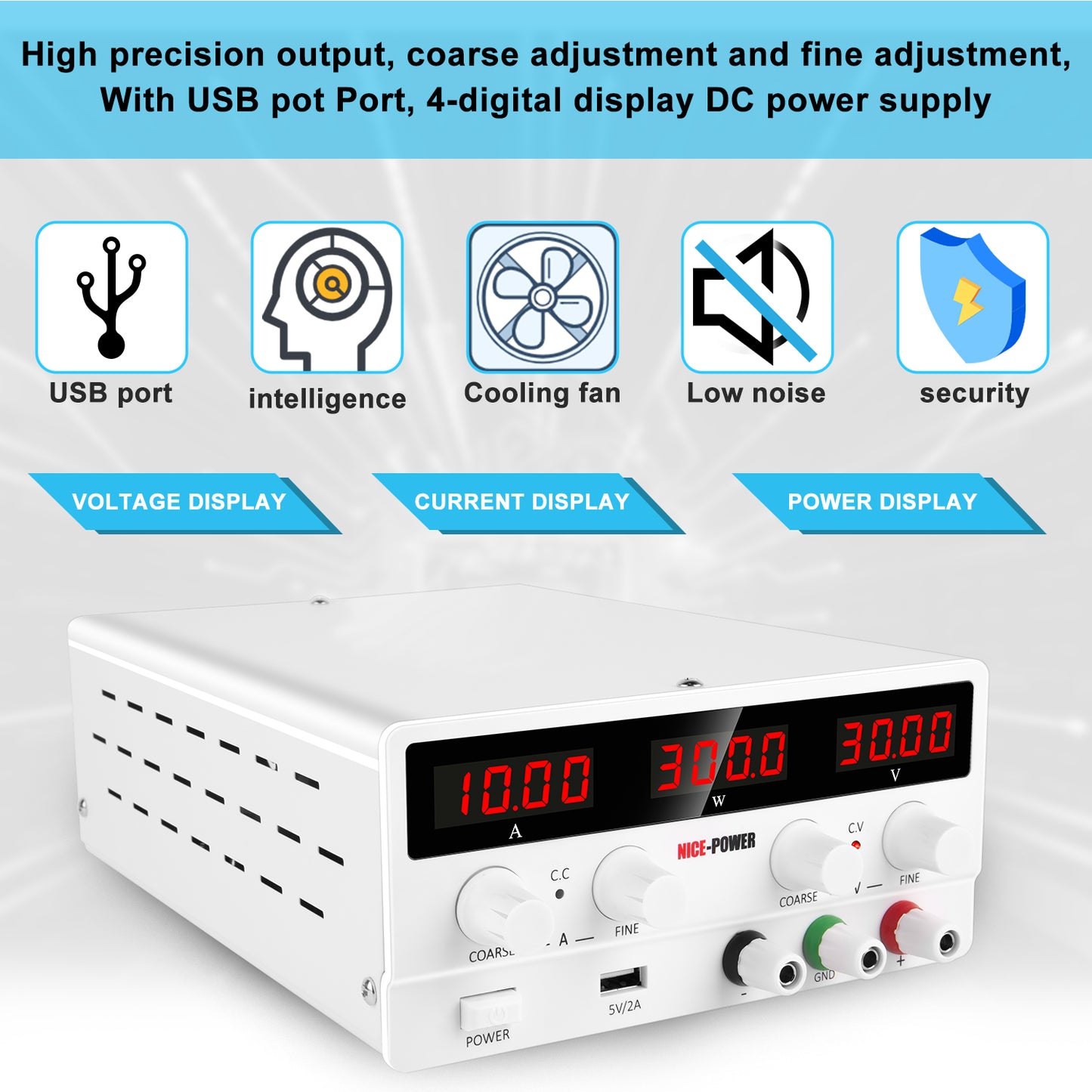 NICE-POWER 30V 10A Adjustable DC Power Supply SPS-3010 BMS test Horizontal Four Position Display with Power display