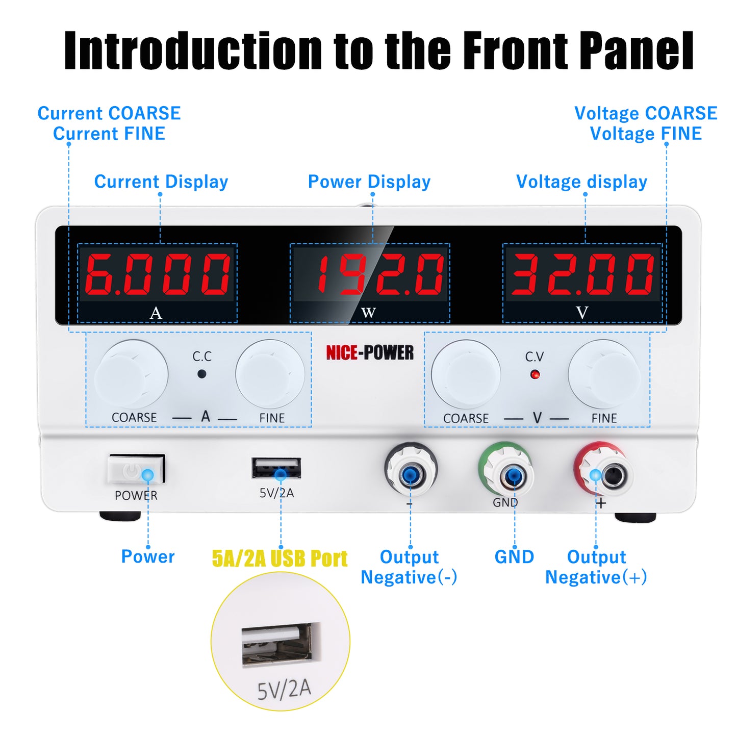 NICE-POWER SPS-H3206 Adjustable DC Stabilized Power Supply 32V 6A Digital Adjustable Voltage and Current DC Meter White
