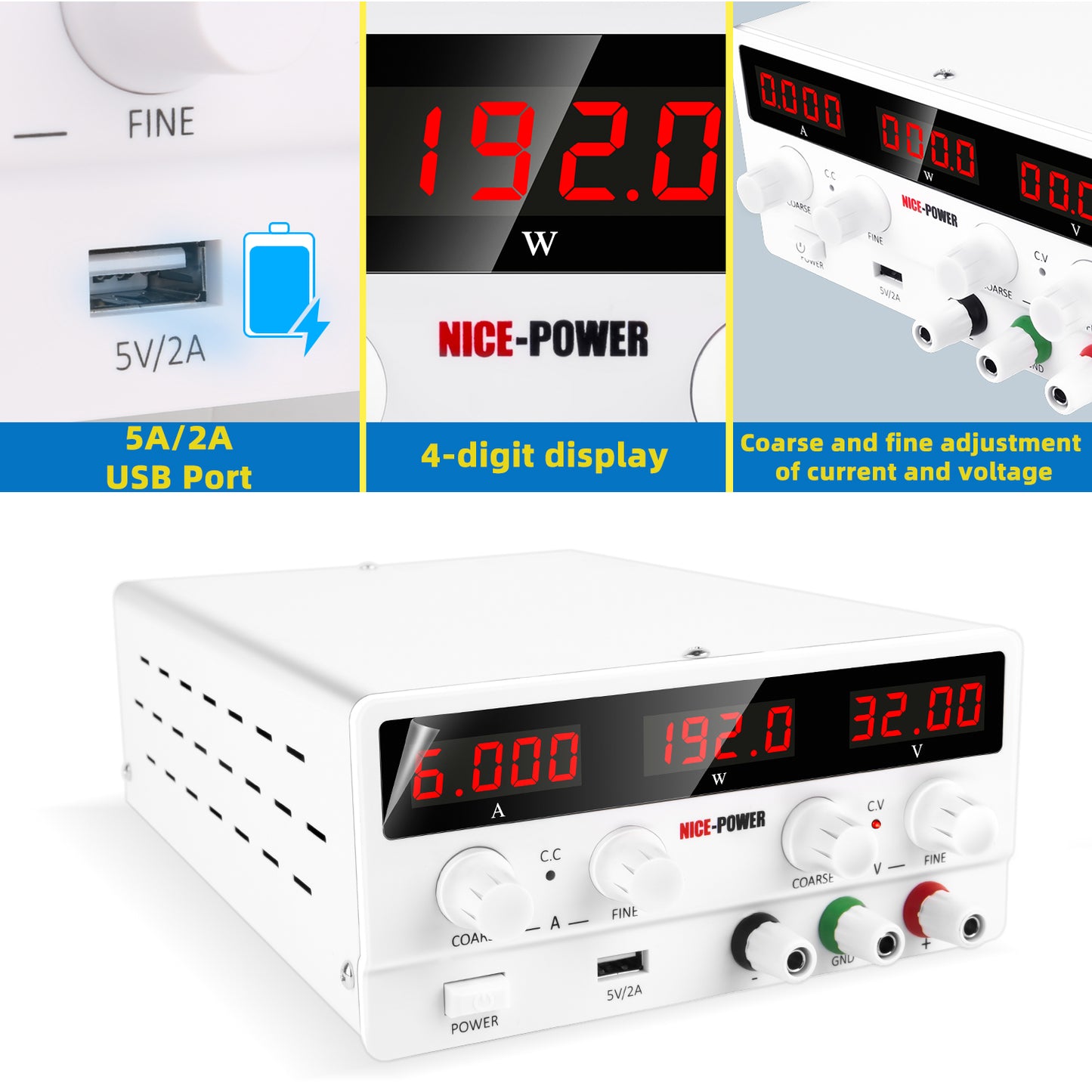 NICE-POWER SPS-H3206 Adjustable DC Stabilized Power Supply 32V 6A Digital Adjustable Voltage and Current DC Meter White