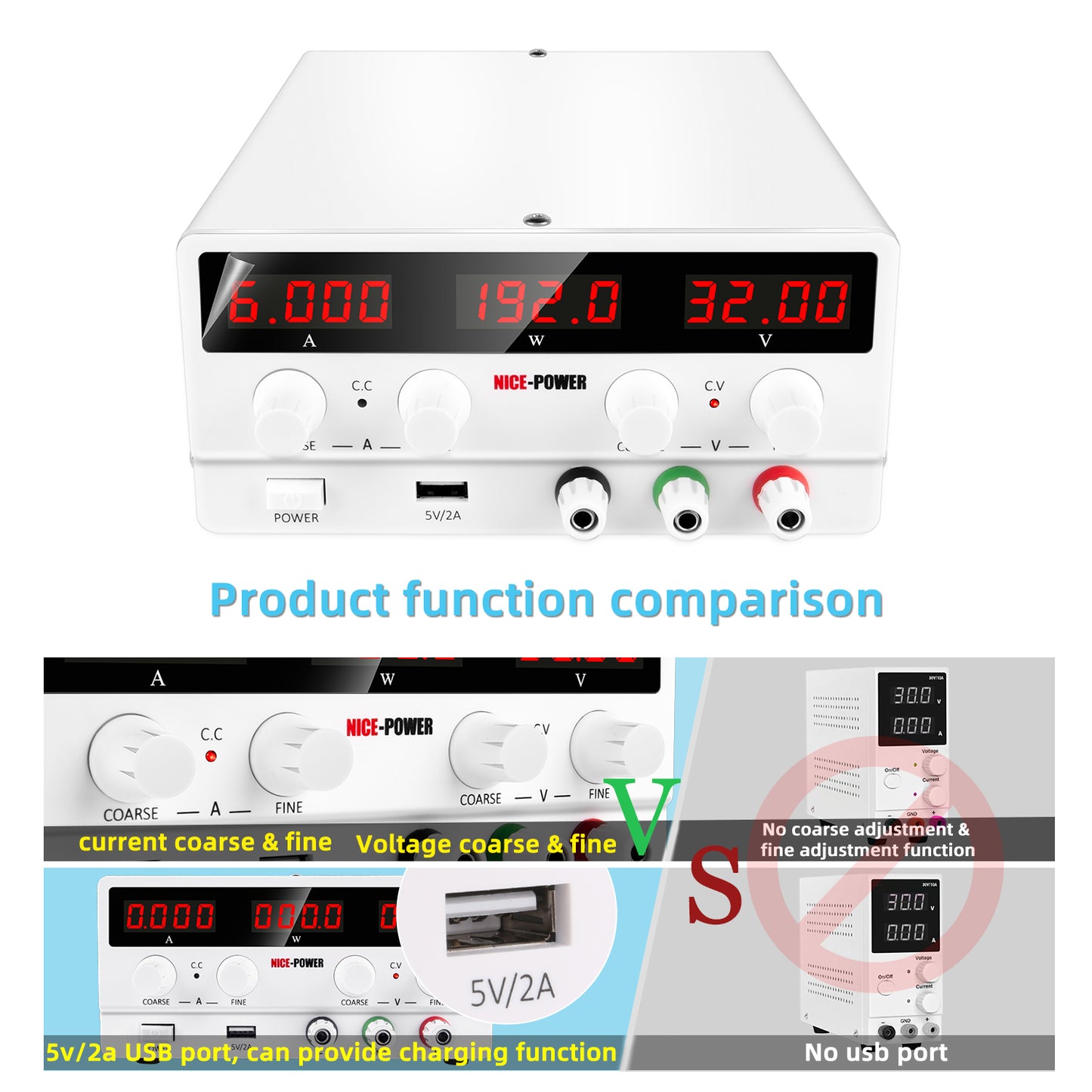 NICE-POWER SPS-H3206 Adjustable DC Stabilized Power Supply 32V 6A Digital Adjustable Voltage and Current DC Meter White