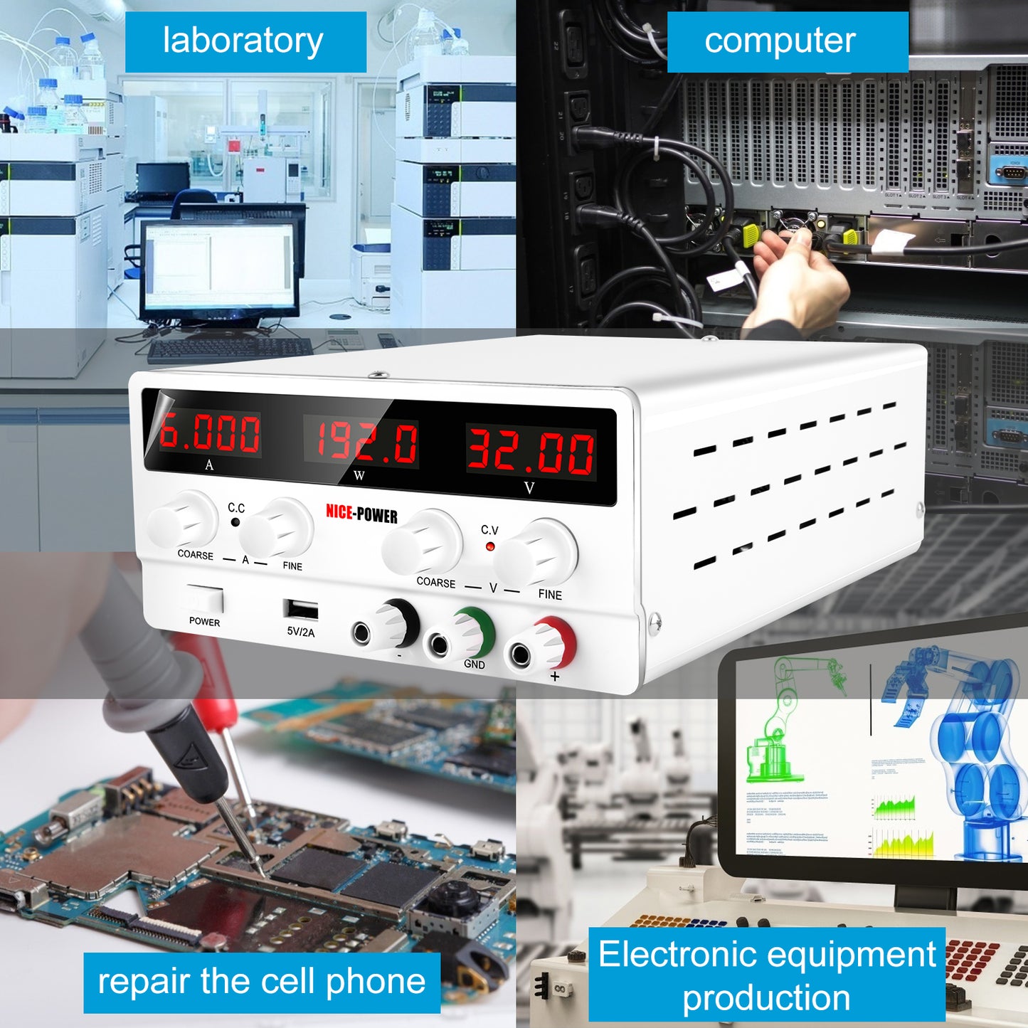 NICE-POWER SPS-H3206 Adjustable DC Stabilized Power Supply 32V 6A Digital Adjustable Voltage and Current DC Meter White