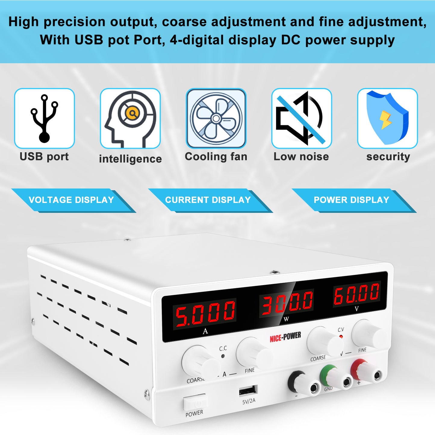 NICE-POWER 60V 5A DC Power Supply SPS-H605 for production line Four-digit Display Adjustable White
