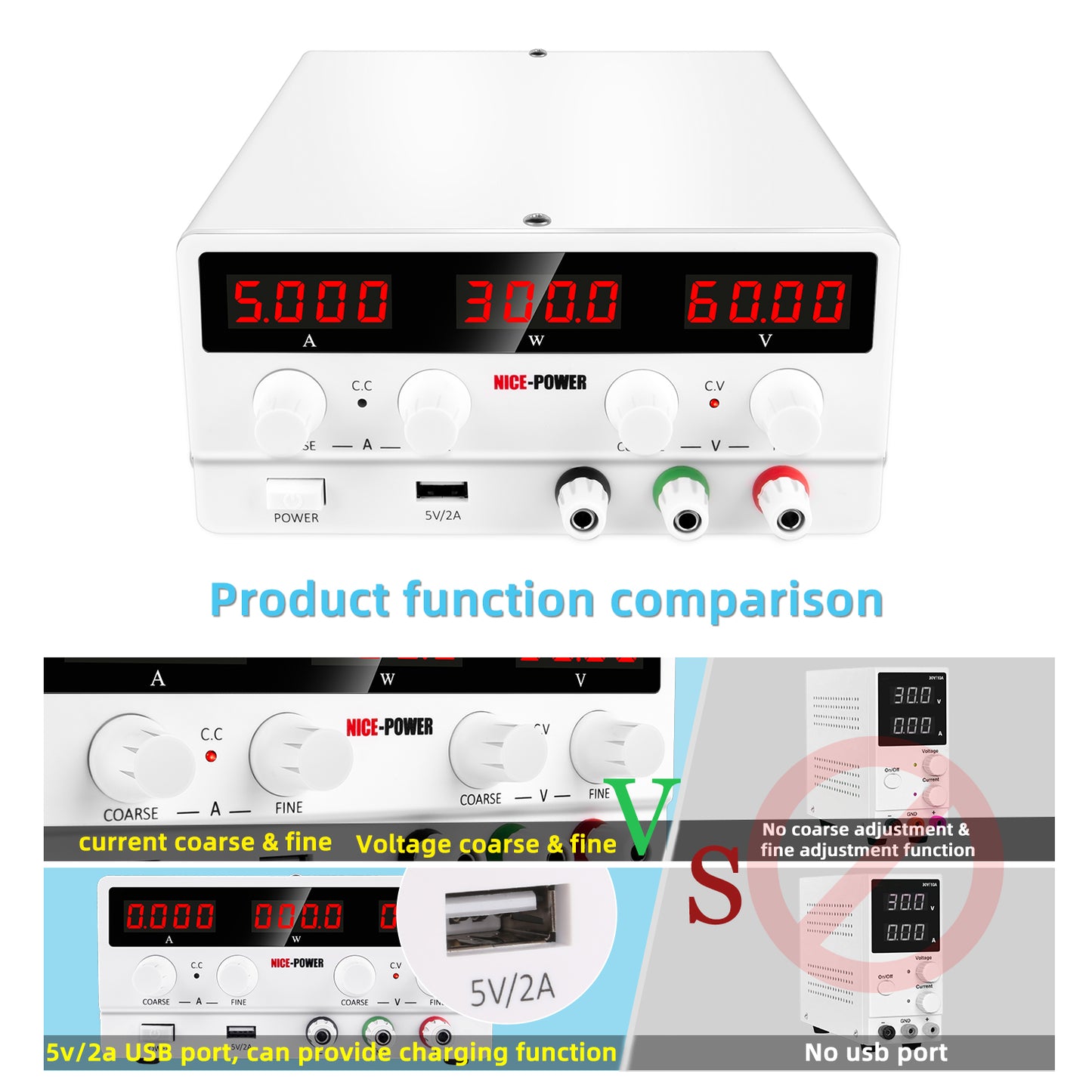 NICE-POWER 60V 5A DC Power Supply SPS-H605 for production line Four-digit Display Adjustable White