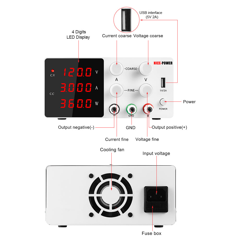 DC Power supply Variable 120V 3A for Communication equipment detection SPS-W1203 Fine Adjust & 5V 2A USB White