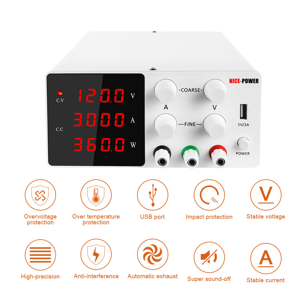 DC Power supply Variable 120V 3A for Communication equipment detection SPS-W1203 Fine Adjust & 5V 2A USB White
