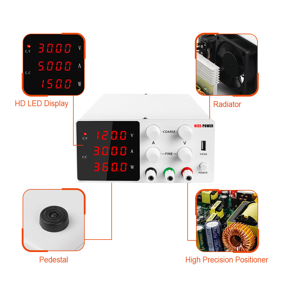 DC Power supply Variable 120V 3A for Communication equipment detection SPS-W1203 Fine Adjust & 5V 2A USB White
