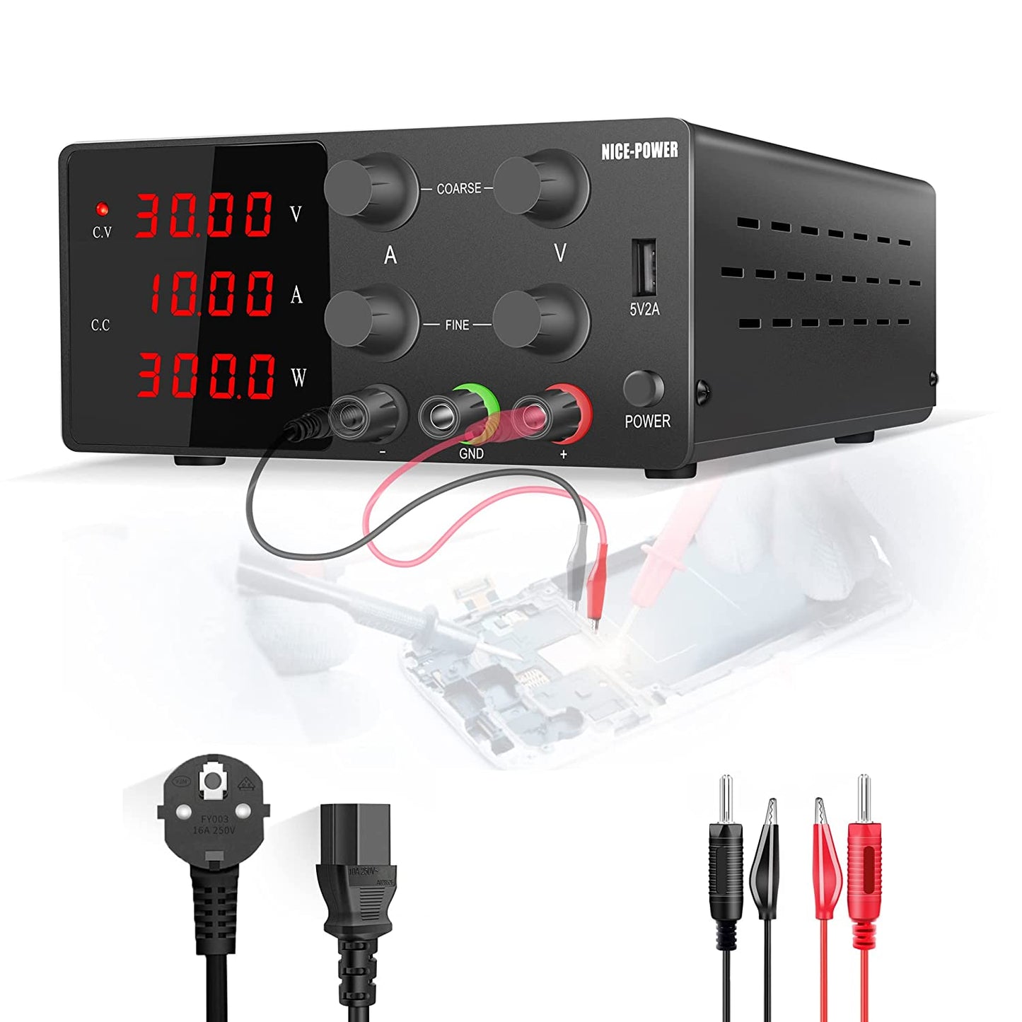 Medium and Low Voltage for Load Testing NICE-POWER DC Power Supply 30V 10A SPS-W3010 Stable Output with 5V/2A USB Port Black