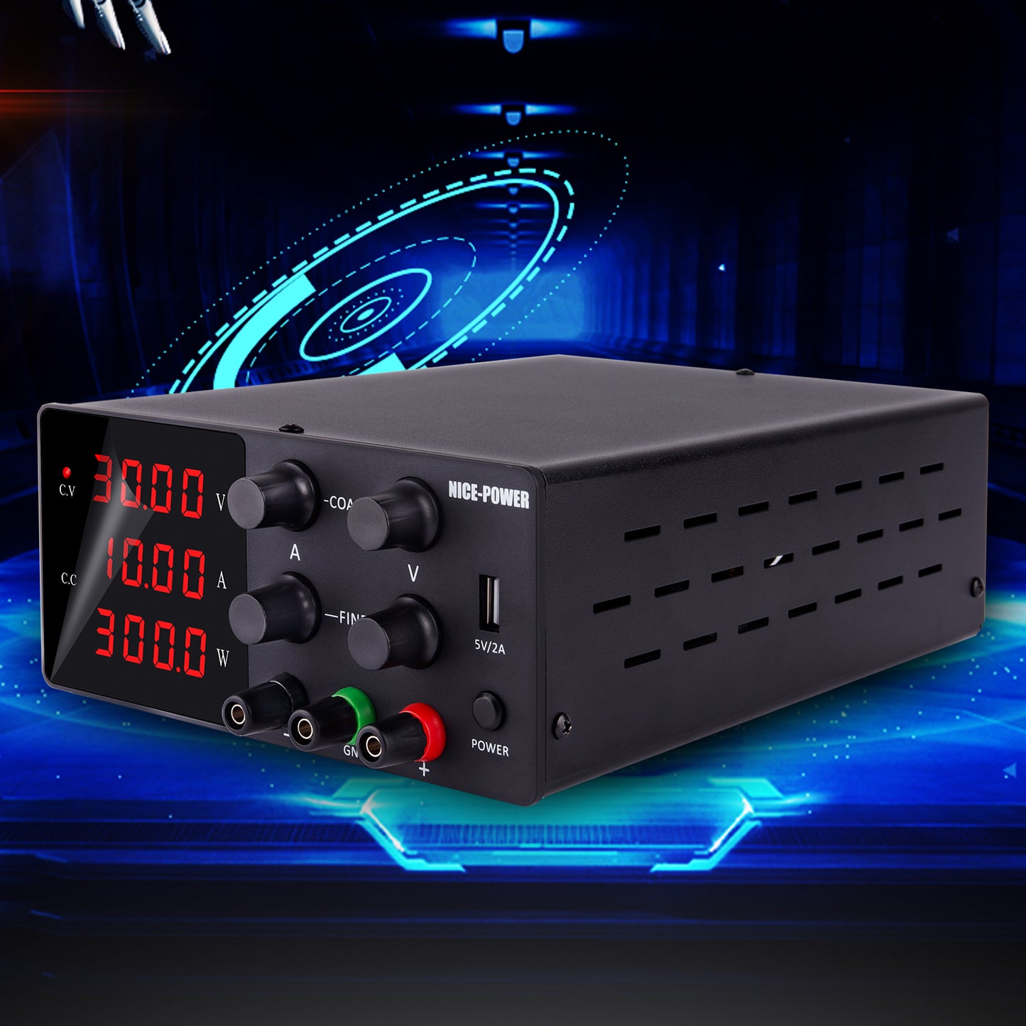Medium and Low Voltage for Load Testing NICE-POWER DC Power Supply 30V 10A SPS-W3010 Stable Output with 5V/2A USB Port Black