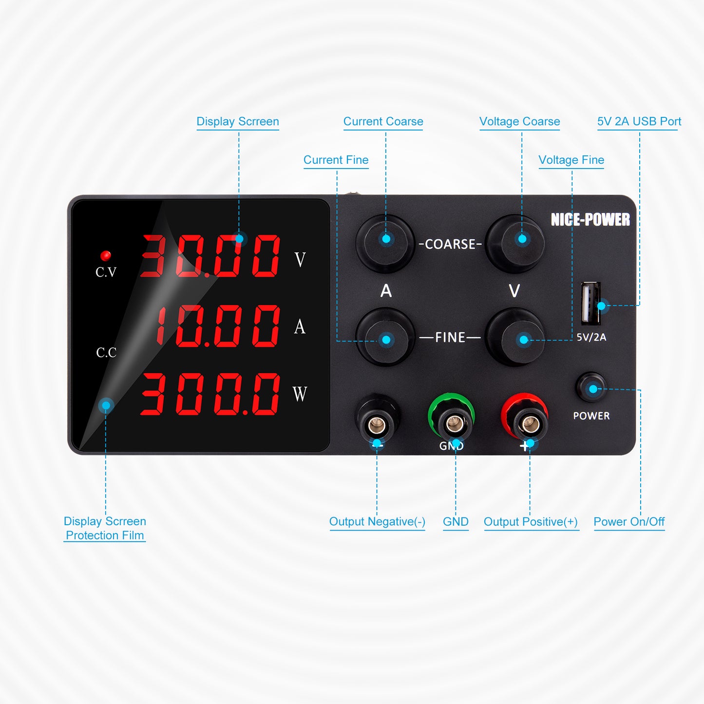 Medium and Low Voltage for Load Testing NICE-POWER DC Power Supply 30V 10A SPS-W3010 Stable Output with 5V/2A USB Port Black