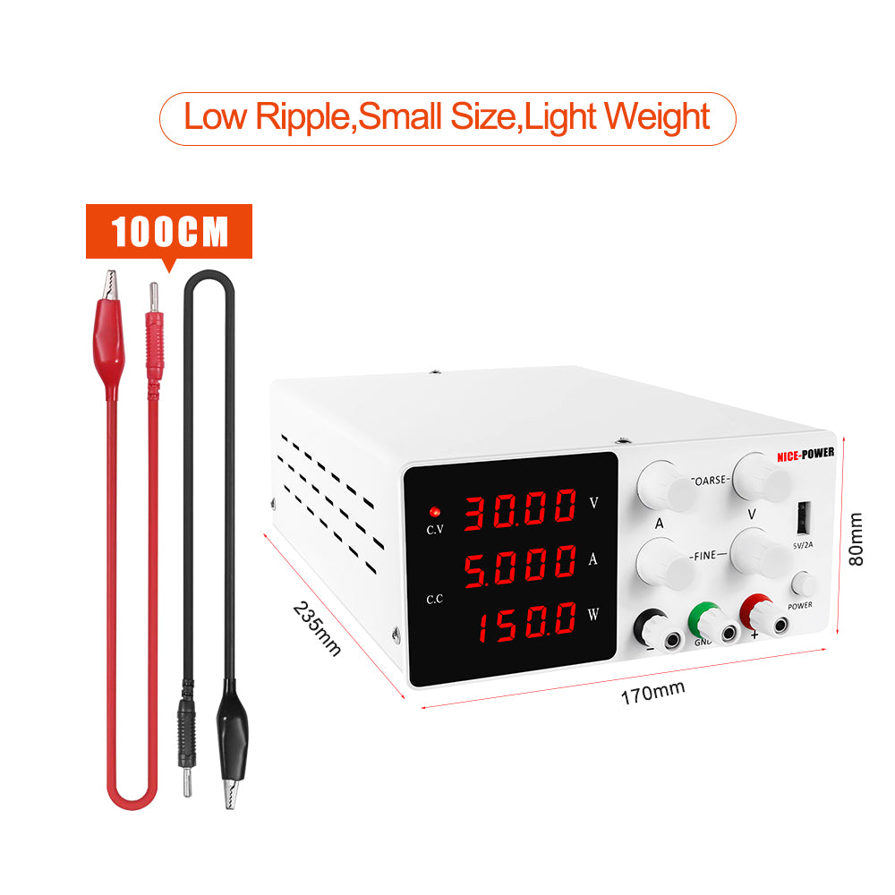NICE-POWER SPS-W305 Phone Repair & Factory Use 30V 5A DC Power Supply Power button Horizontal series White