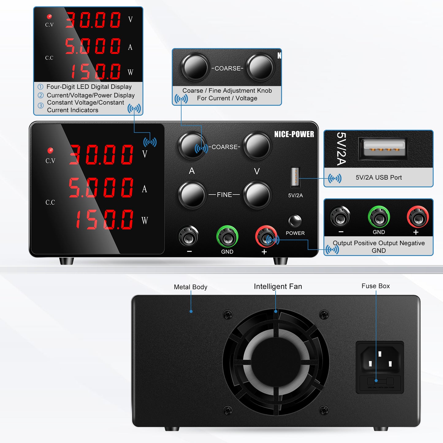 Applicable for research and testing NICE-POWER SPS-W305 30V 5A DC Power Supply with 5V2A USB Black