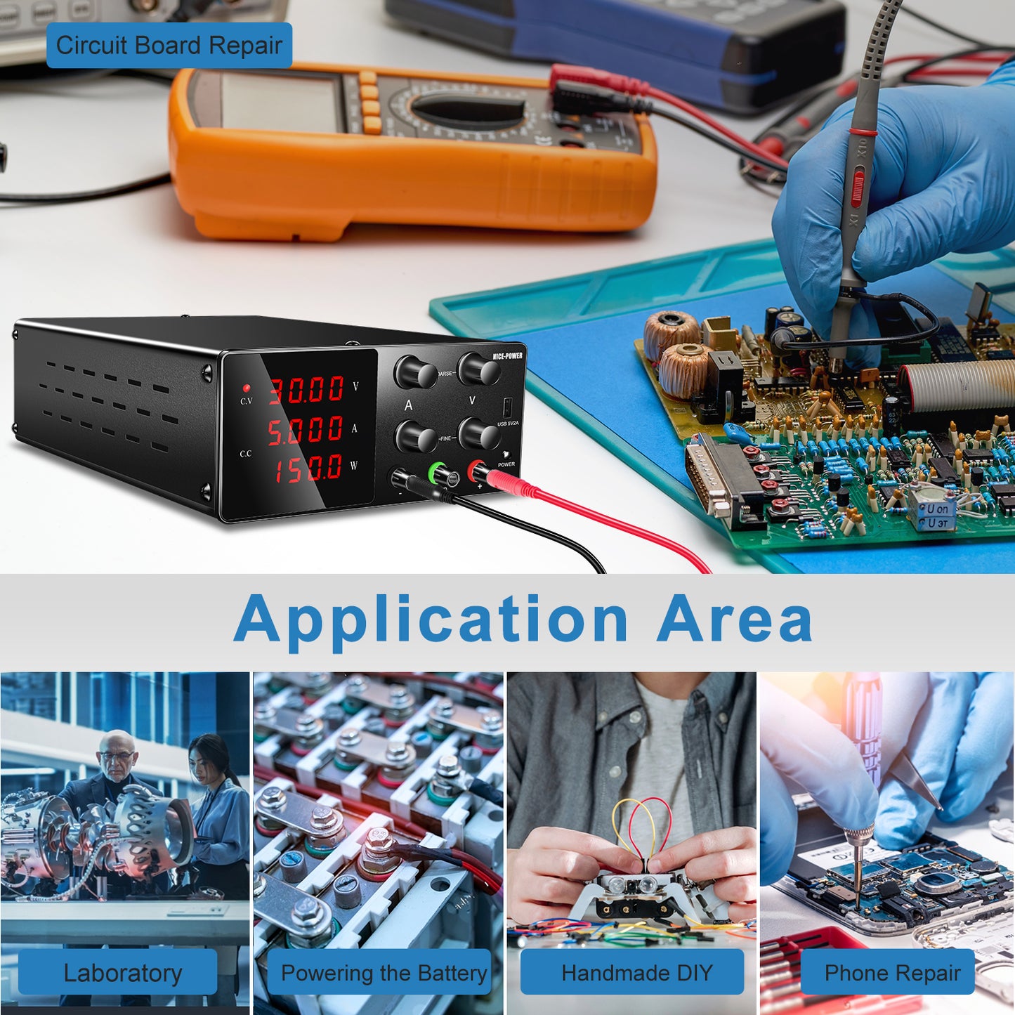 Applicable for research and testing NICE-POWER SPS-W305 30V 5A DC Power Supply with 5V2A USB Black