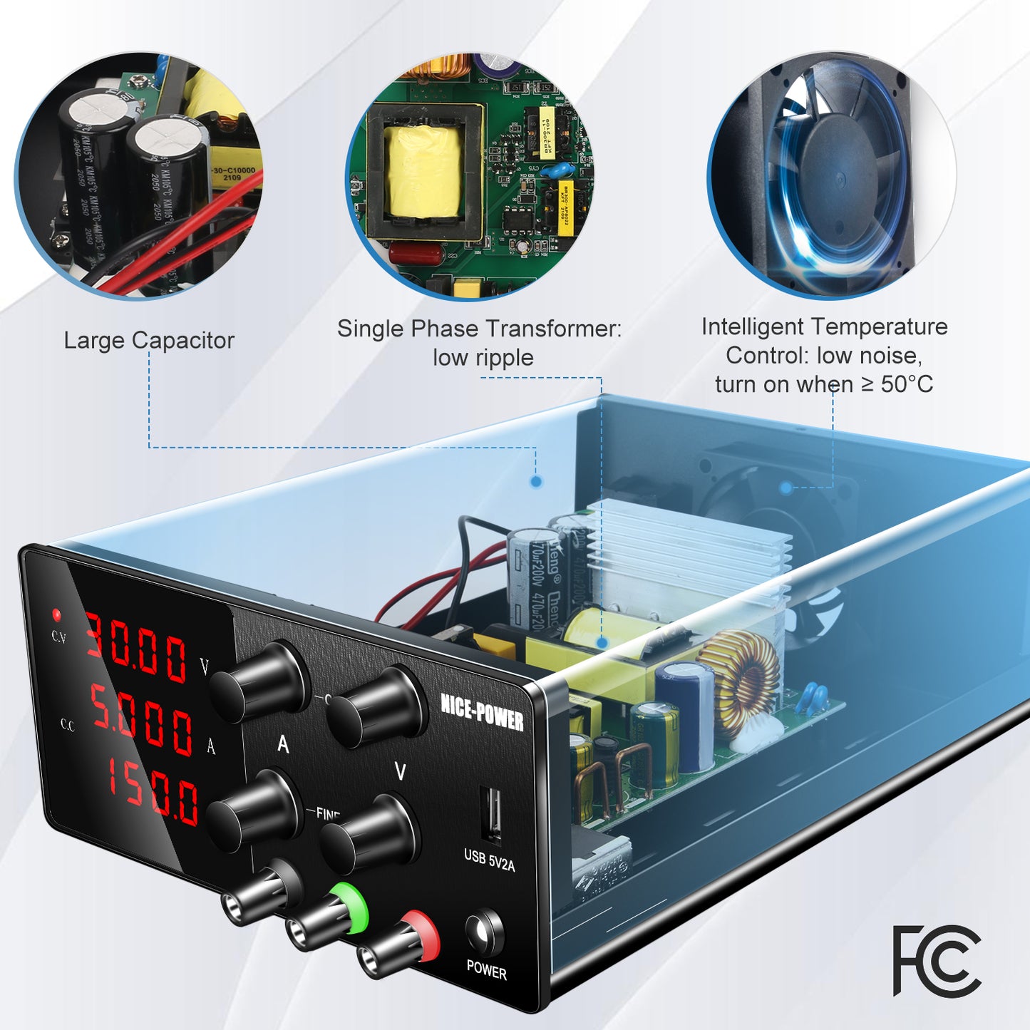Applicable for research and testing NICE-POWER SPS-W305 30V 5A DC Power Supply with 5V2A USB Black