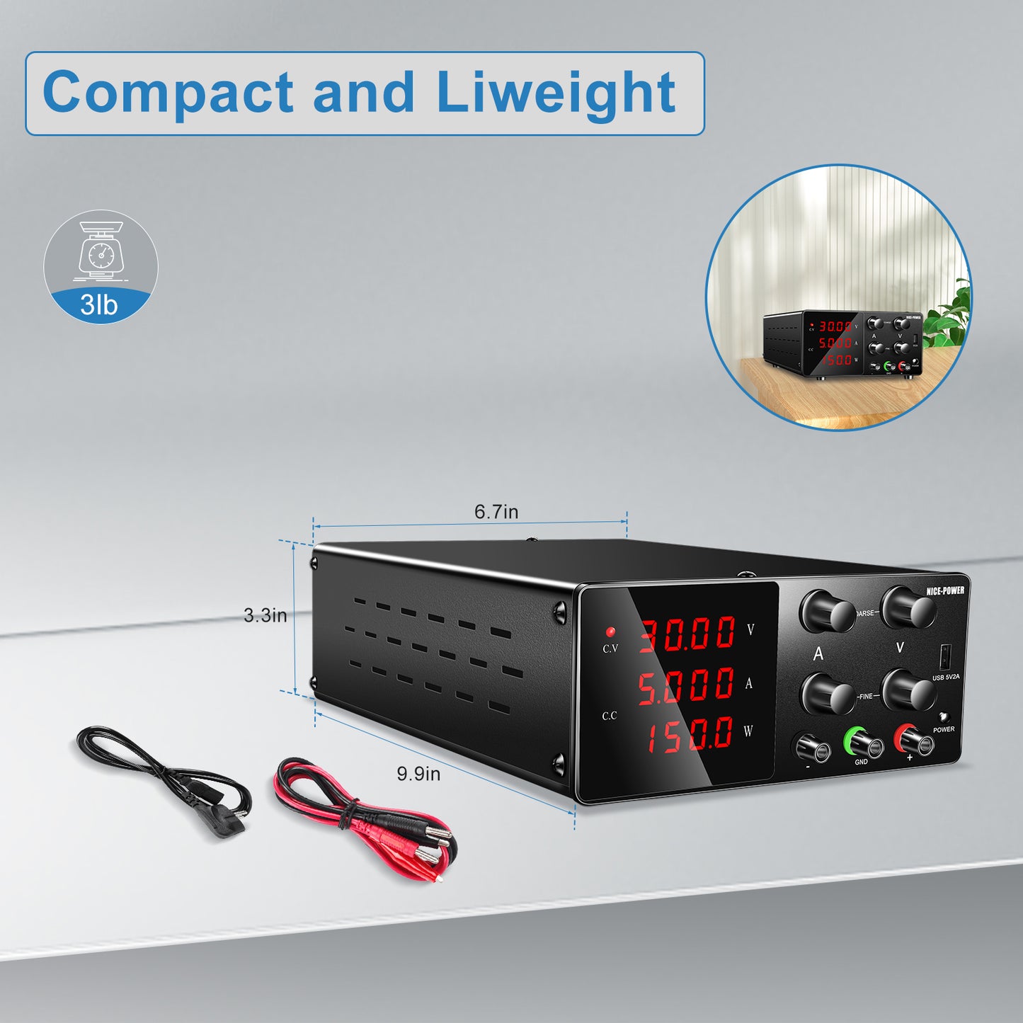 Applicable for research and testing NICE-POWER SPS-W305 30V 5A DC Power Supply with 5V2A USB Black
