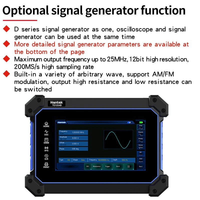 Hantek TO1152D TO1202D TO1252D multi-functional full touch screen oscilloscope 150MHz 200MHz 250MHz signal generator & spectrum analyzer