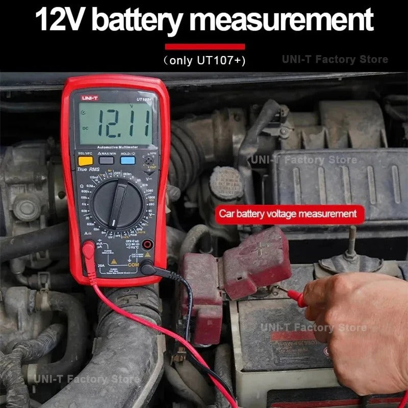 Multimètre automobile UNI-T UT107+, 6 000 points, valeur efficace vraie, CAT III 600 V, capacité 100 mF, tr/min/durée d'impulsion, test de batterie 12 V