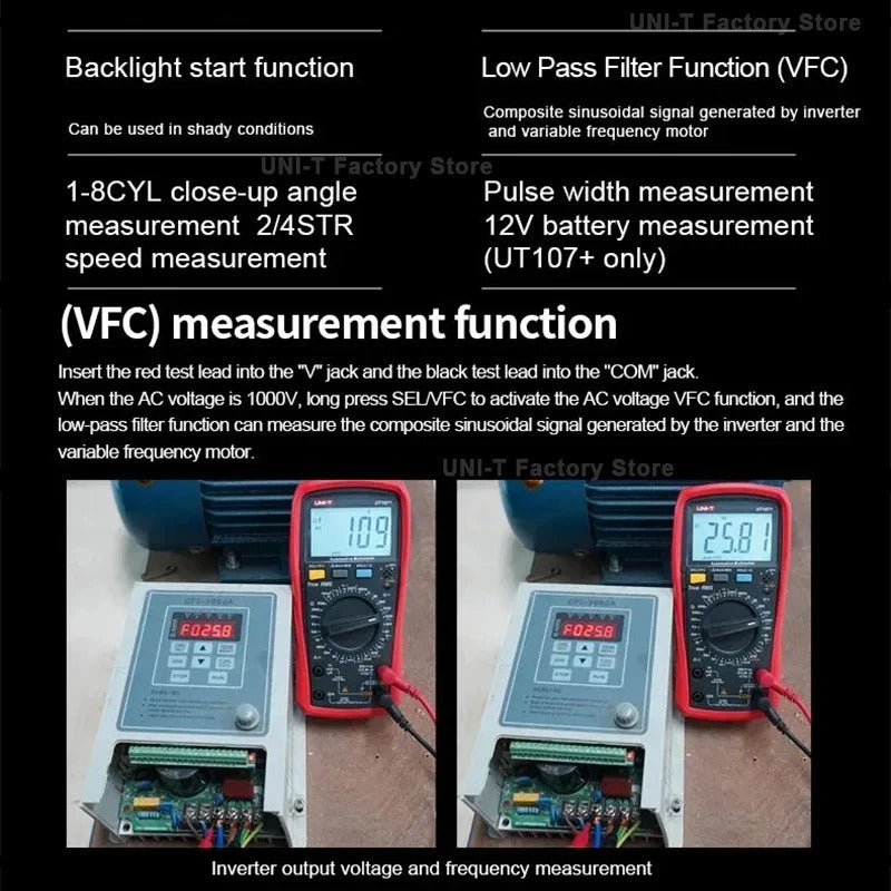Multimètre automobile UNI-T UT107+, 6 000 points, valeur efficace vraie, CAT III 600 V, capacité 100 mF, tr/min/durée d'impulsion, test de batterie 12 V