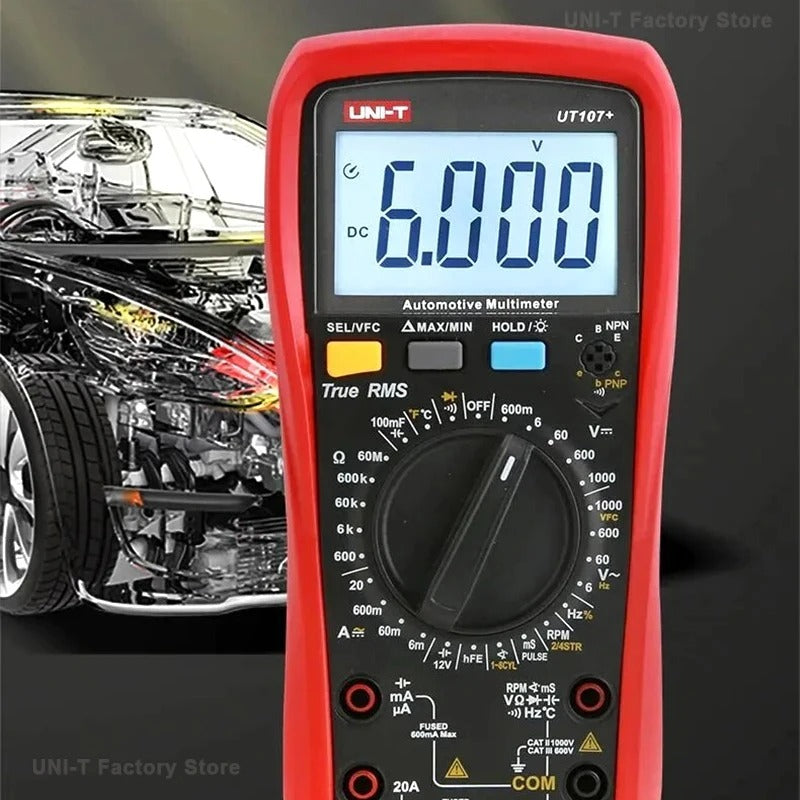 Multimètre automobile UNI-T UT107+, 6 000 points, valeur efficace vraie, CAT III 600 V, capacité 100 mF, tr/min/durée d'impulsion, test de batterie 12 V