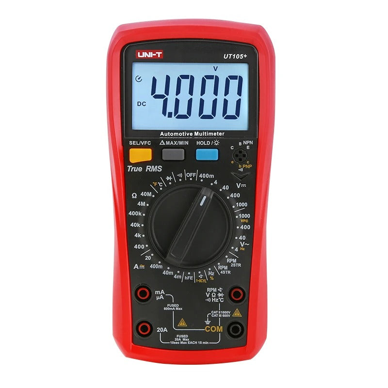 Multimètre automobile UNI-T UT107+, 6 000 points, valeur efficace vraie, CAT III 600 V, capacité 100 mF, tr/min/durée d'impulsion, test de batterie 12 V