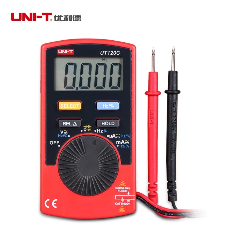 Multímetro digital de bolsillo UNI-T UT120C, 3999 cuentas, rango automático, 600 V CAT II, capacitancia/frecuencia, ultraportátil (76 g), batería CR2032