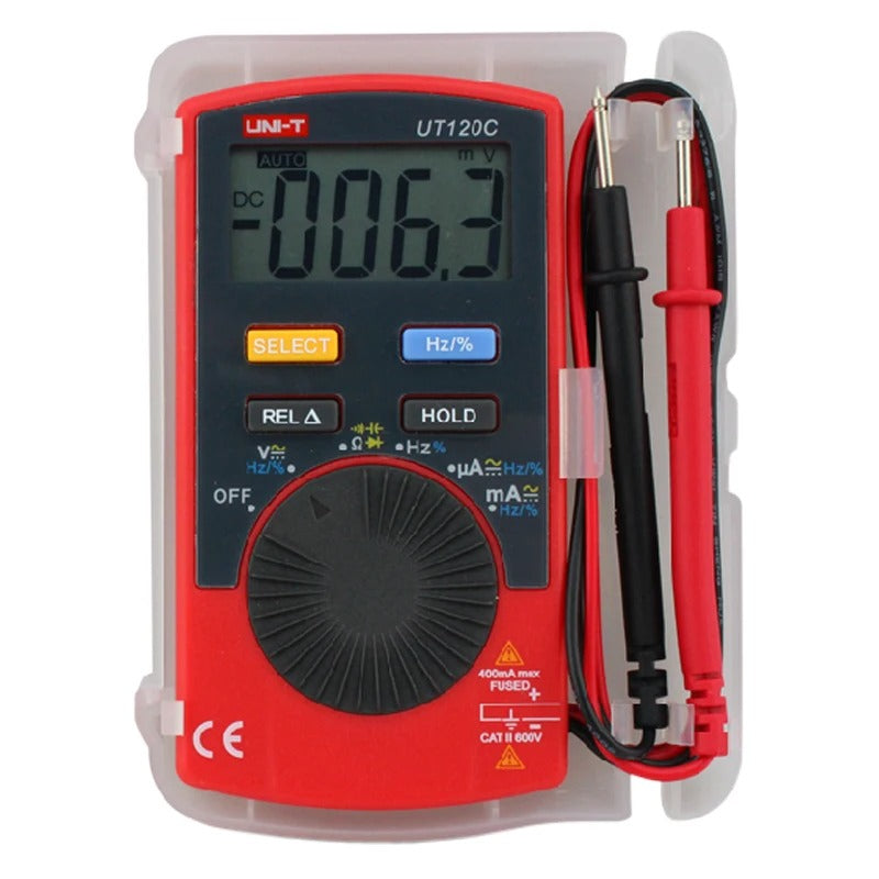 Multímetro digital de bolsillo UNI-T UT120C, 3999 cuentas, rango automático, 600 V CAT II, capacitancia/frecuencia, ultraportátil (76 g), batería CR2032