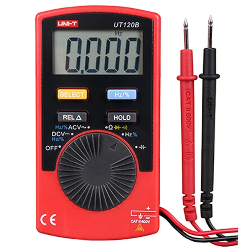 Multímetro digital de bolsillo UNI-T UT120C, 3999 cuentas, rango automático, 600 V CAT II, capacitancia/frecuencia, ultraportátil (76 g), batería CR2032