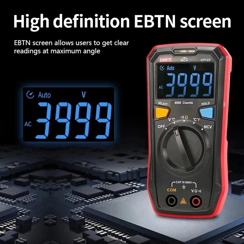 UNI-T UT123 Digital Multimeter, 4100 Counts, CAT III 600V, NCV, Temperature, EBTN Backlit LCD, Home & Electrical Testing