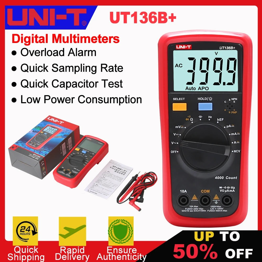 UNI-T UT136B+ Digital Multimeter, 3999 Counts, True RMS, CAT III 600V, NCV, hFE, 10A Current, 40mF Capacitance