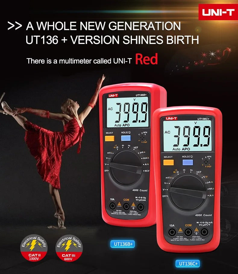 UNI-T UT136B+ Digital Multimeter, 3999 Counts, True RMS, CAT III 600V, NCV, hFE, 10A Current, 40mF Capacitance