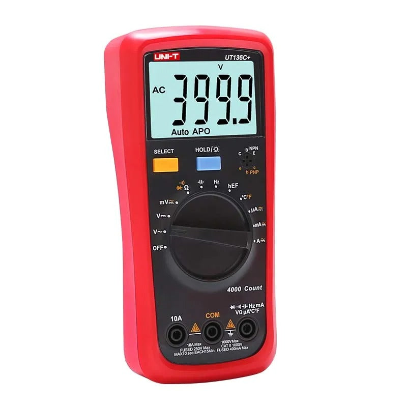 UNI-T UT136C+ Digital Multimeter, 3999 Counts, True RMS, CAT III 600V, Temperature, hFE, 10A Current, 40mF Capacitance