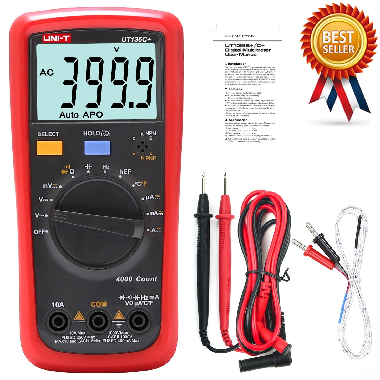 UNI-T UT136C+ Digital Multimeter, 3999 Counts, True RMS, CAT III 600V, Temperature, hFE, 10A Current, 40mF Capacitance